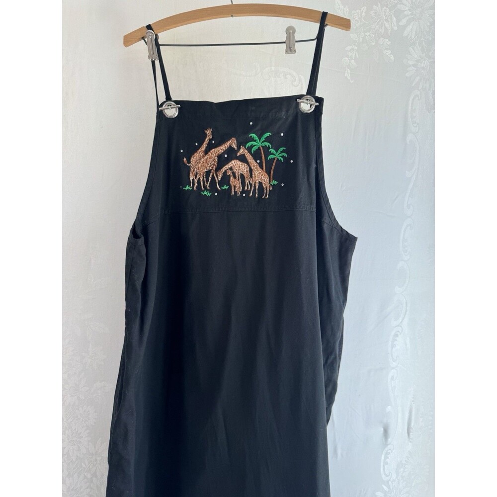 Quacker Factory Embroidered Giraffe Black Denim Overall Tank  Maxi Dress 20W